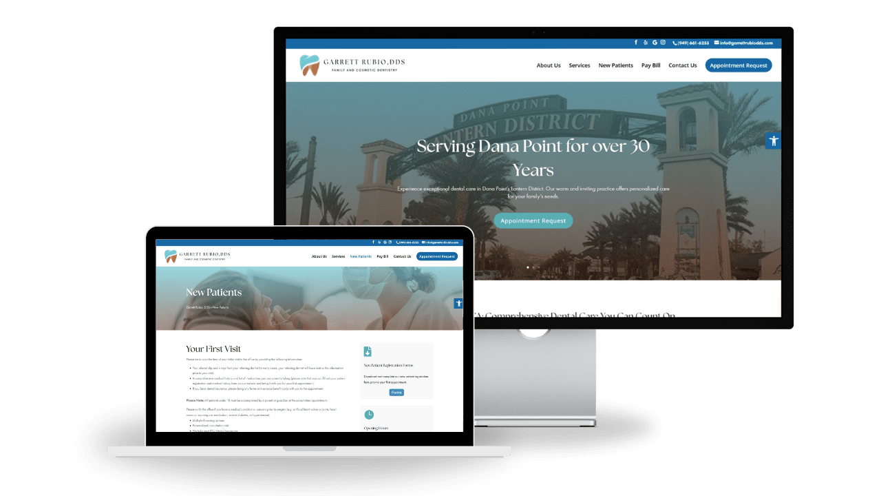 Desktop computer and laptop showing Garrett Rubio DDS website