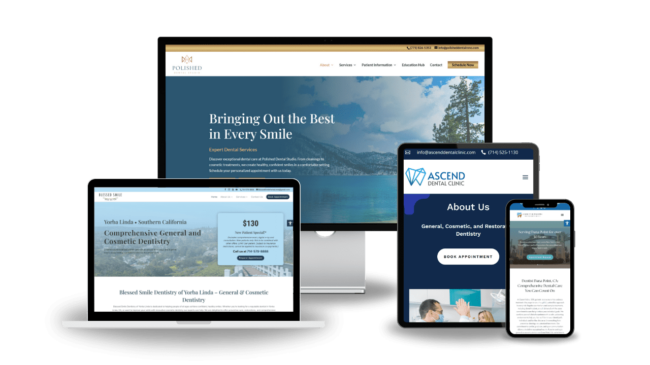 Desktop laptop tablet and iphone with example websites